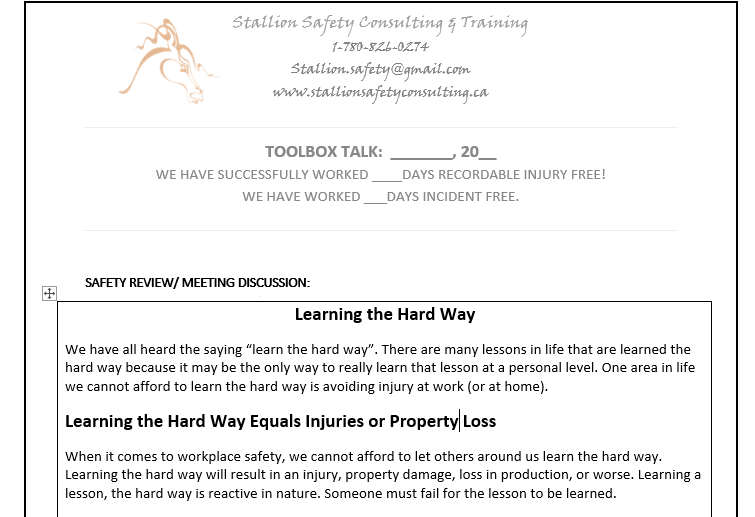 Learning the Hard Way Toolbox Meeting – Stallion Safety, Training & Swag
