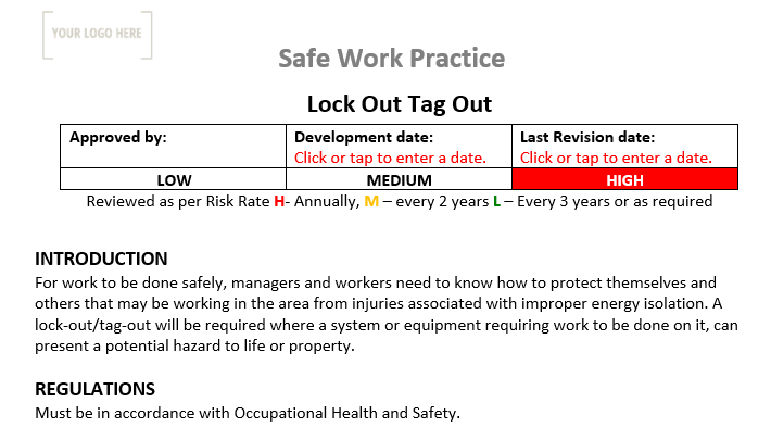 Lock out Tag out Safe Work Practice