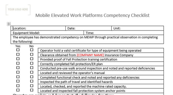 Mobile Elevated Work Platforms Competency Checklist – Stallion Safety ...