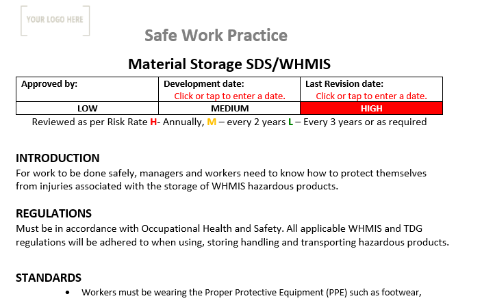 Material Storage MSDS/WHMIS Safe Work Practice