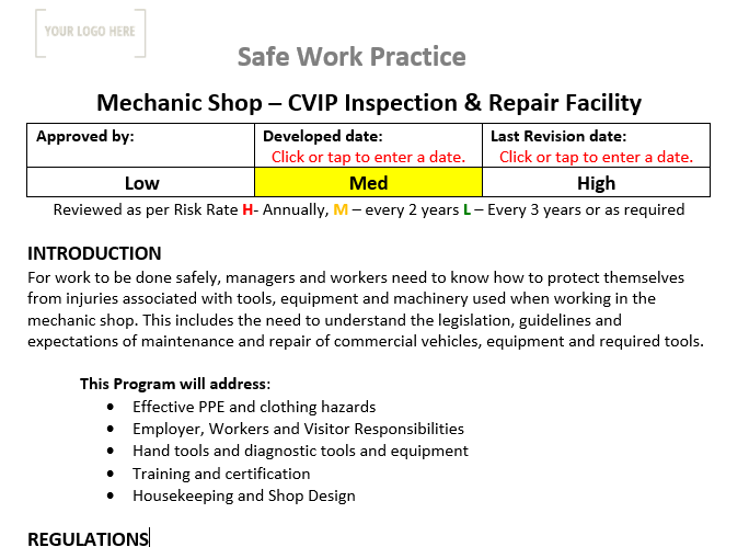 Mechanic Shop CVIP Inspection & Repair Facility Safe Work Practice