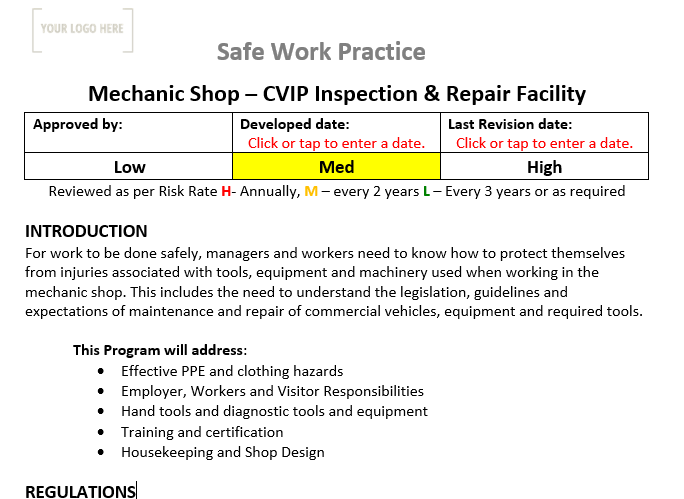 Safe Practice Repair Mechanic Shop CVIP Inspection & Repair Facility Safe Work Practice ...