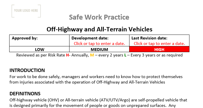 Off-Highway and All-Terrain Vehicles Safe Work Practice