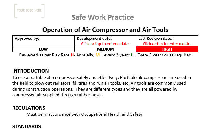 Operation of air compressor Safe Work Practice