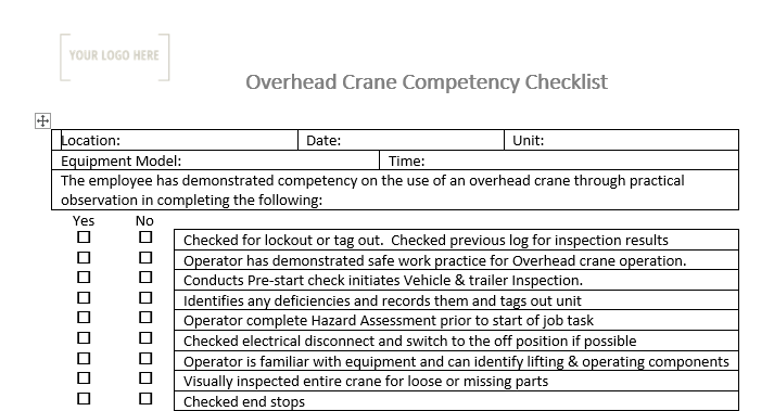 Overhead Crane Competency Checklist