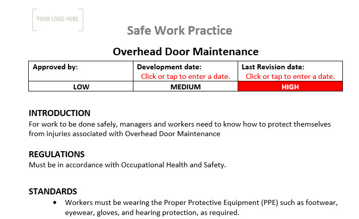 Overhead Door Maintenance & Repair Safe Work Practice