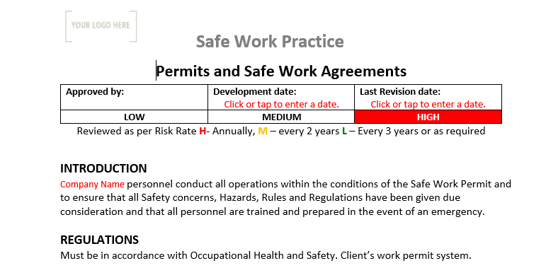 Permits and Safe Work Agreements Safe Work Practice