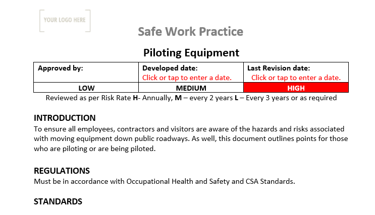 Piloting Equipment Safe Work Practice