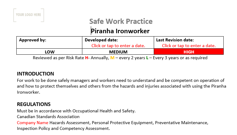 Piranha Ironworker Safe Work Practice