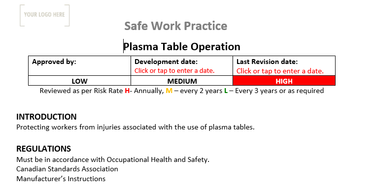 Plasma Table Operation Safe Work Practice