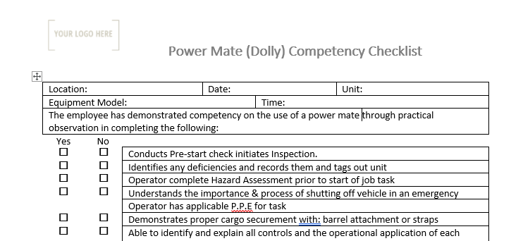 Powermate Dolly Competency Checklist