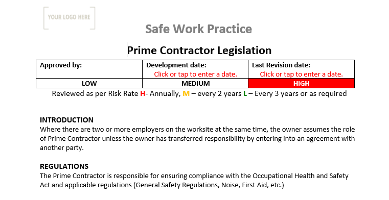 Prime Contractor Safe Work Practice