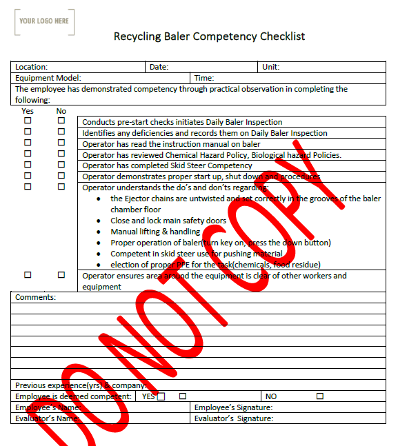 Recycling Baler Operation Competency Checklist