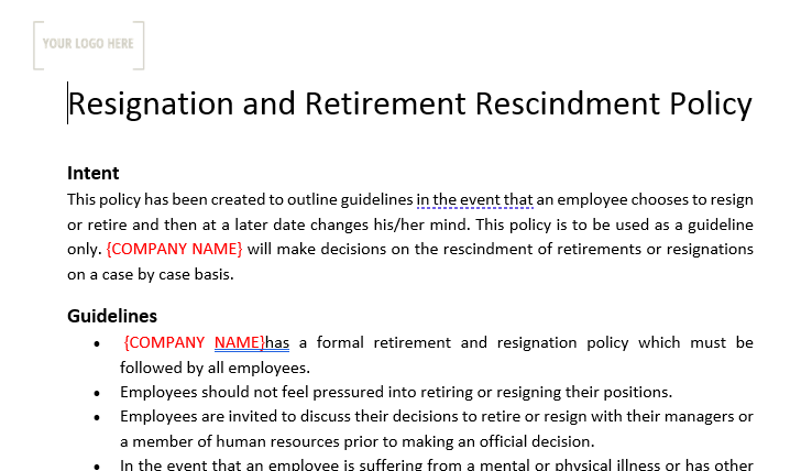 Resignation & Retirement Rescindment Policy