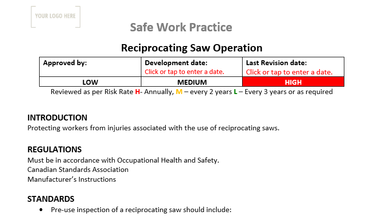 Reciprocating Saw Operation Safe Work Practice