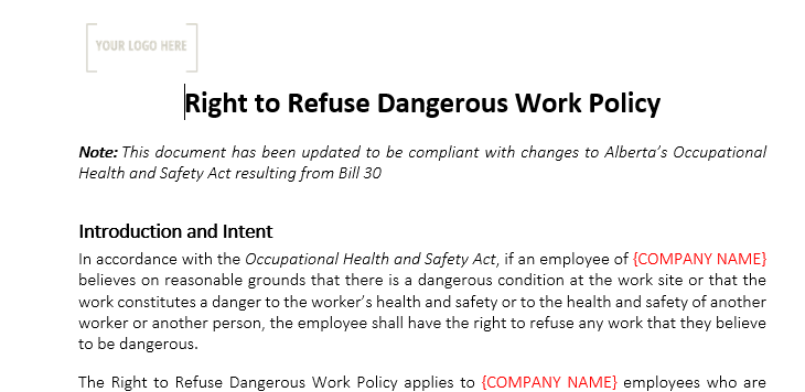 Right to Refuse Dangerous Work Policy