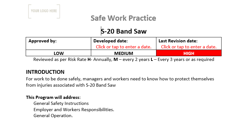 S-20 Band Saw Safe Work Practice