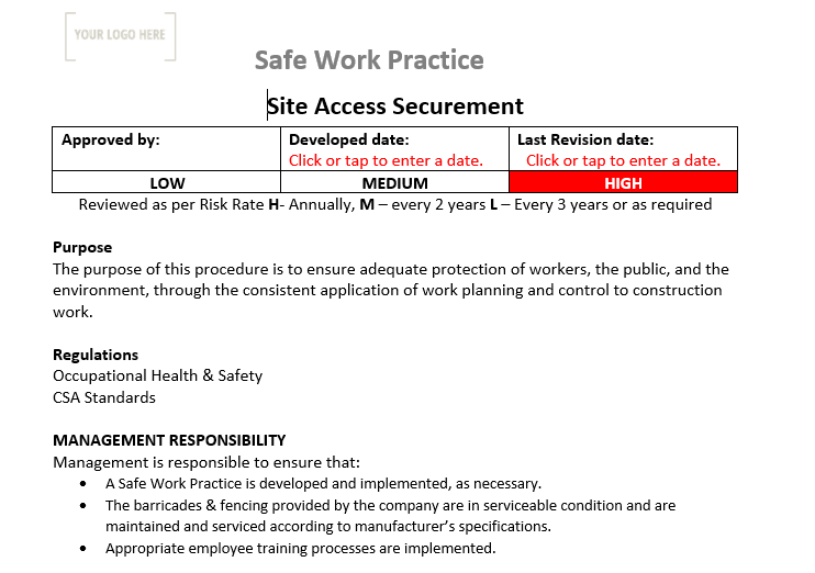 Site Access Securement Safe Work Practice