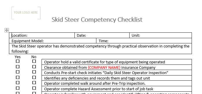 Skid Steer Competency Checklist