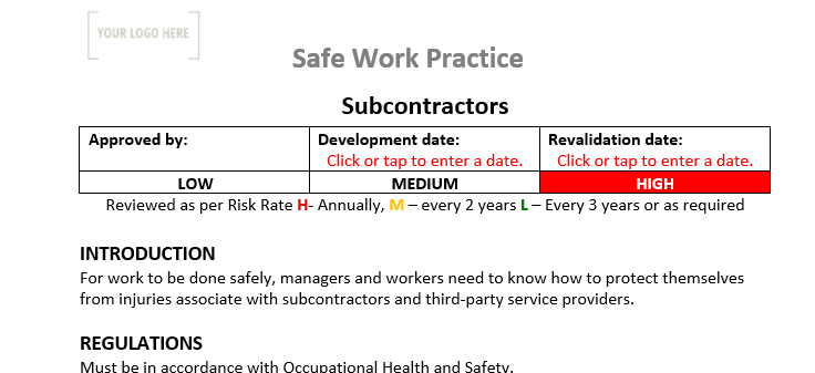 Subcontractors Safe Work Practice