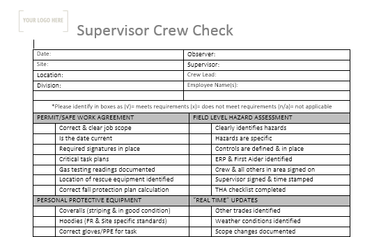 Supervisor Check Supervisor Crew Checklist – Stallion Safety, Training