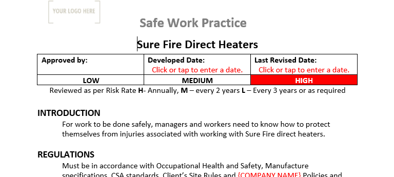 Sure Fire Direct Heaters Safe Work Practices