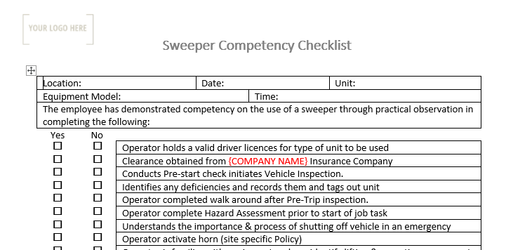 Sweeper Competency Checklist