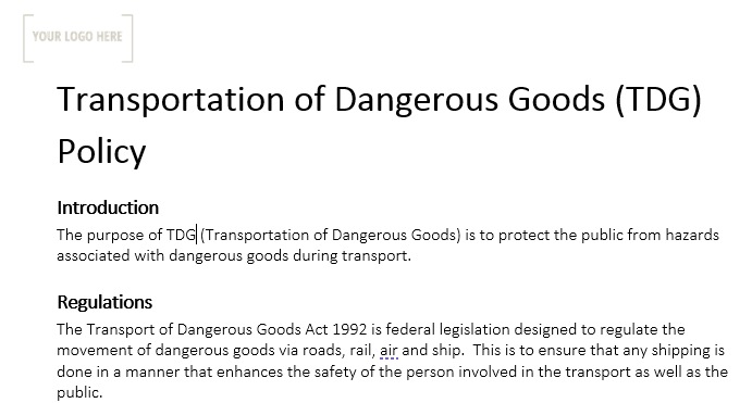Transportation of Dangerous Goods Policy (TDG)