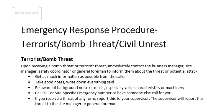Emergency Response Procedure – Terrorist/Bomb Threat/Civil Unrest