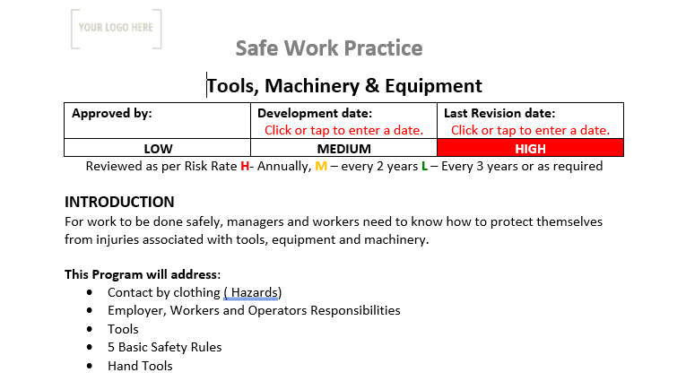Tools, Machinery and Equipment Safe Work Practice