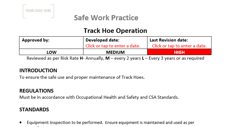 Track Hoe Operation Safe Work Practice