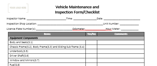 Vehicle Maintenance and Inspection Form/Checklist