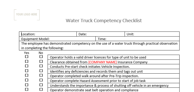 Water/Dust Control Competency Checklist