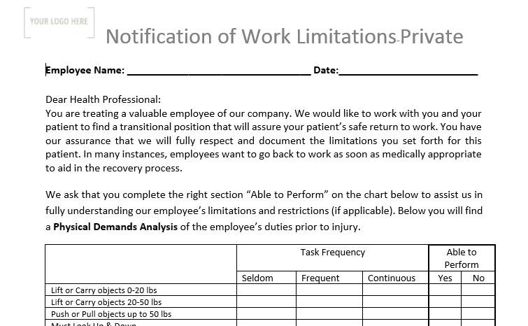 Notification of Work Limitations Carpenter/Plumber/Electrician
