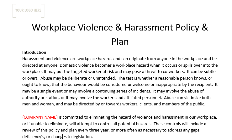 Workplace Violence & Harassment Policy