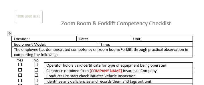 Zoom Boom & Forklift Competency Checklist