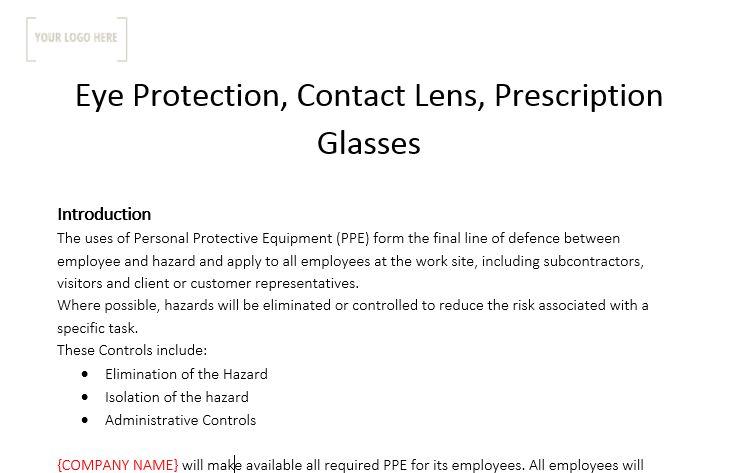 Eye Protection, Contact Lens, Prescription Glasses Policy