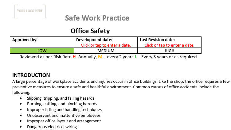 Office Safety Safe Work Practice