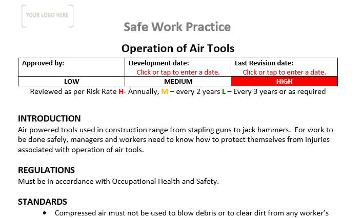 Operation of Air Tools Safe Work Practice