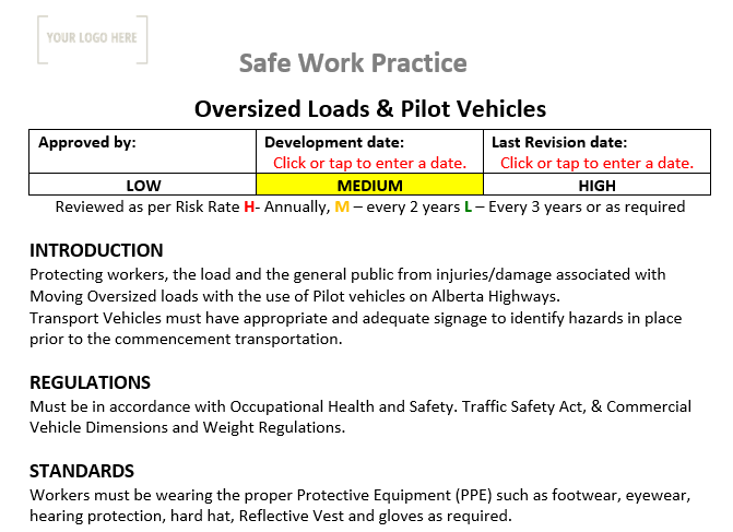 Oversize Loads & Pilot Vehicles Safe work Practice